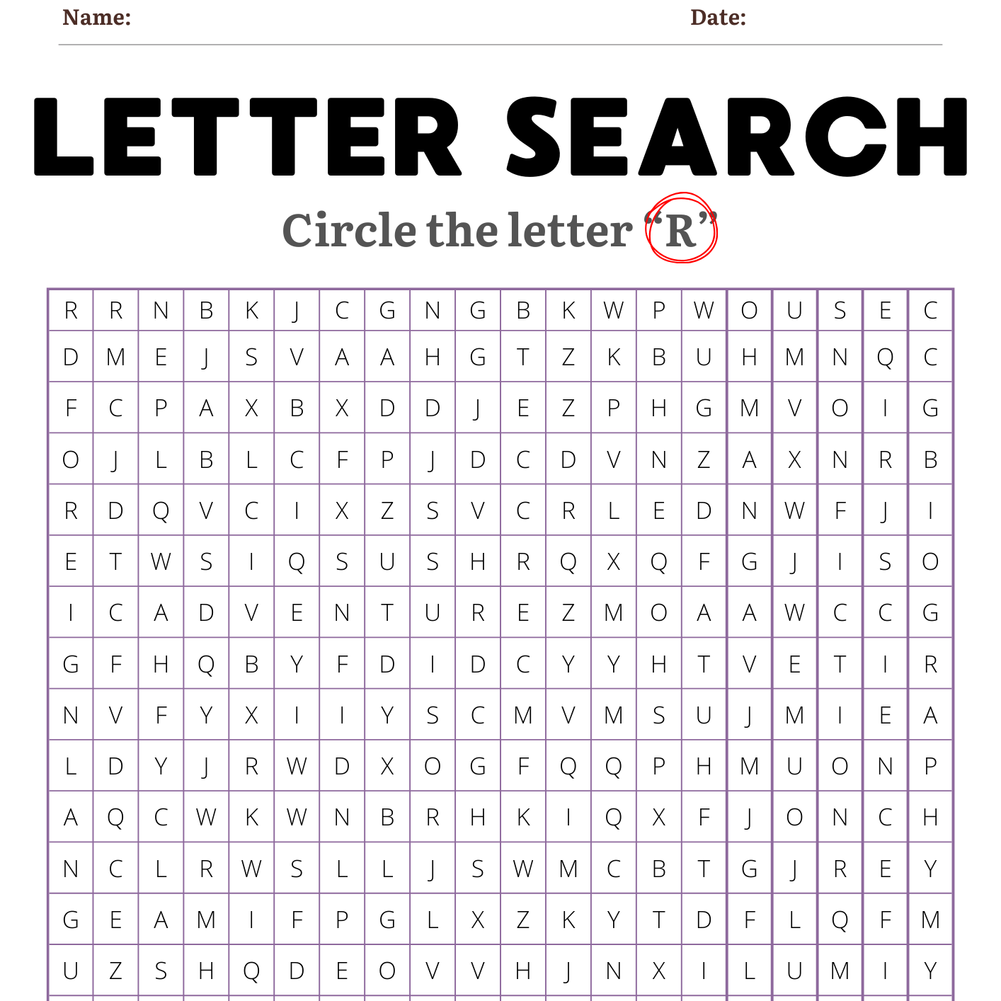 Letter search worksheet for preschoolers featuring a grid of letters to find and circle the letter R.