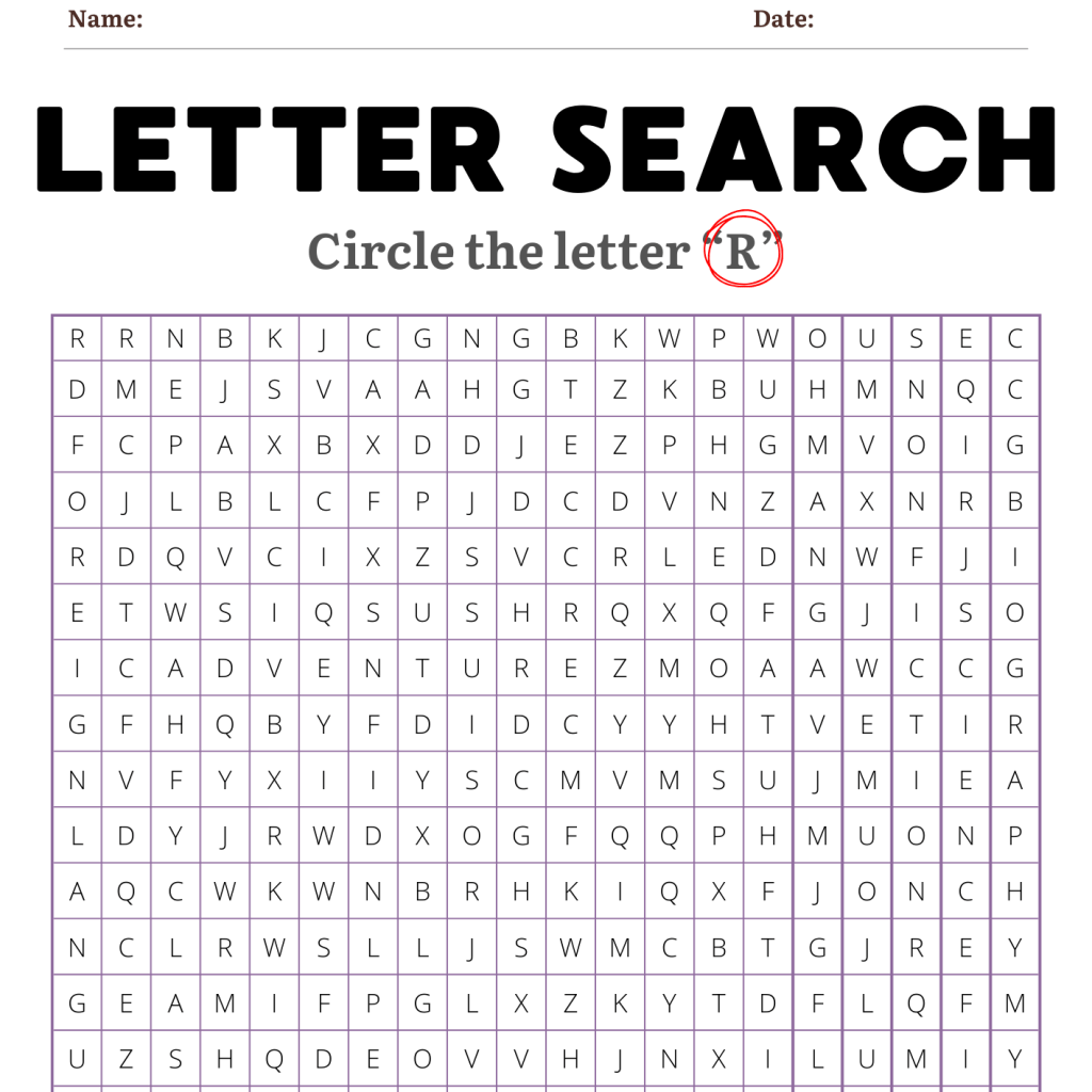 Letter search worksheet for preschoolers featuring a grid of letters to find and circle the letter R.