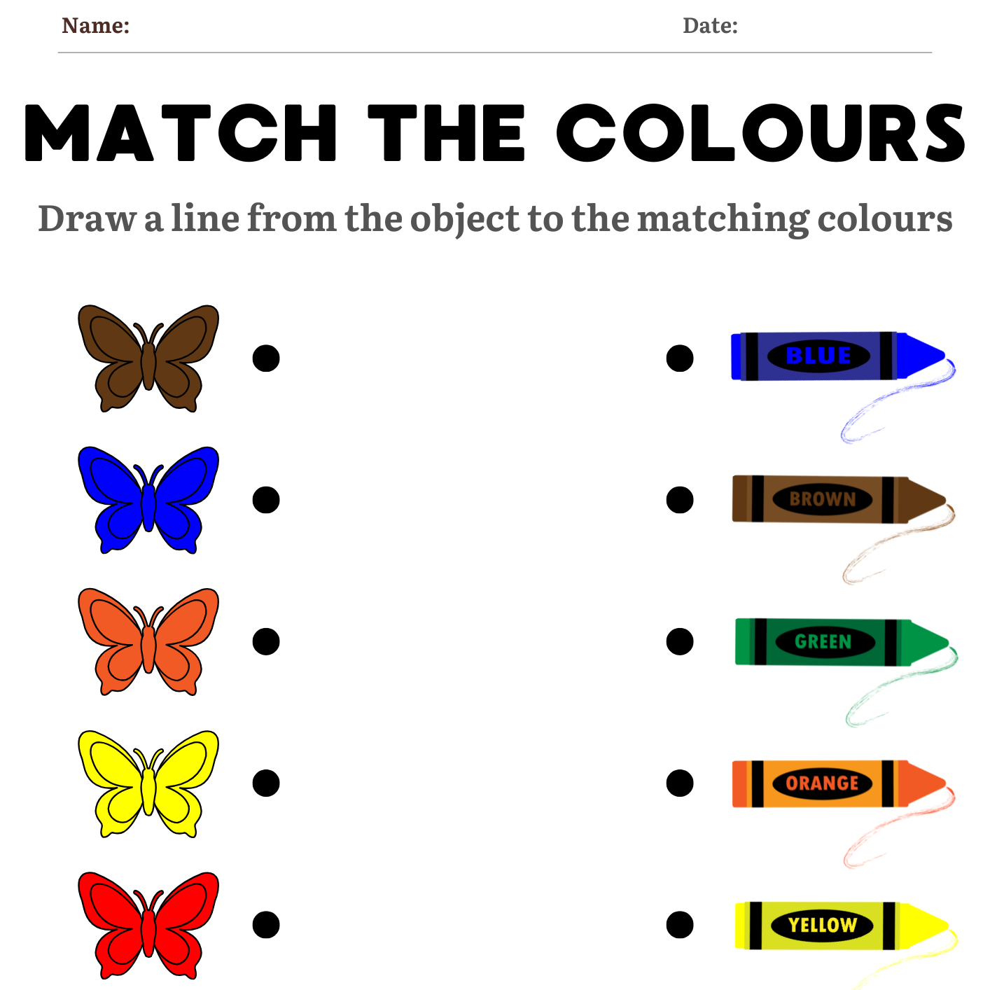 Worksheet where children match butterflies to crayons based on colour.