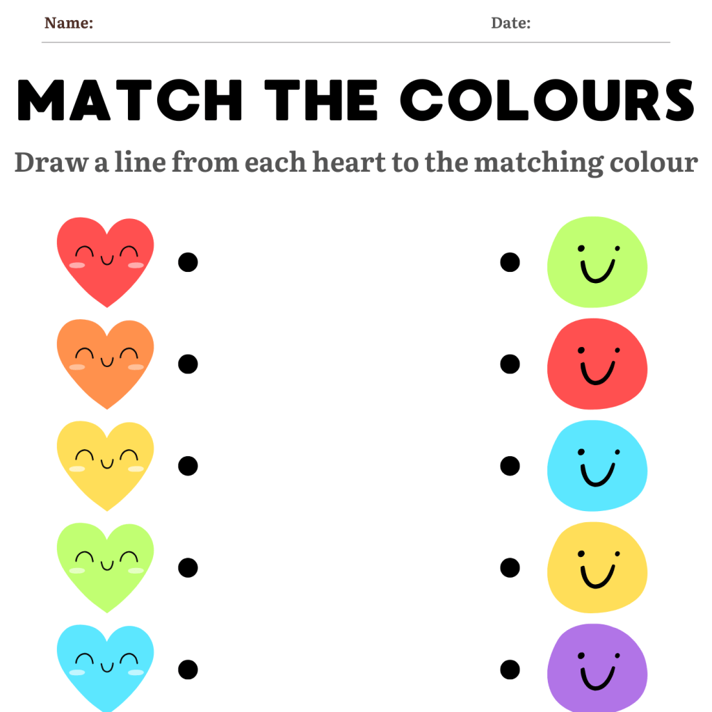 Colour-matching worksheet with hearts and smiley faces.