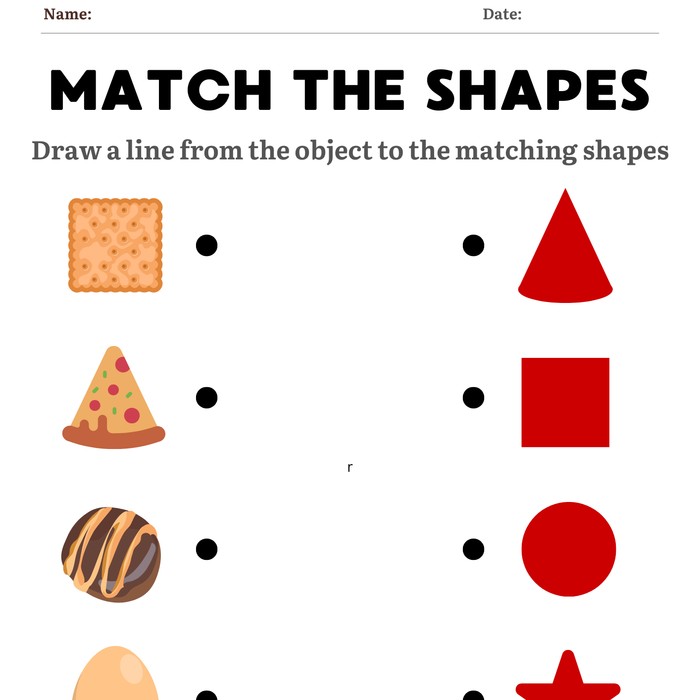 Shape-matching worksheet with food items and basic shapes.