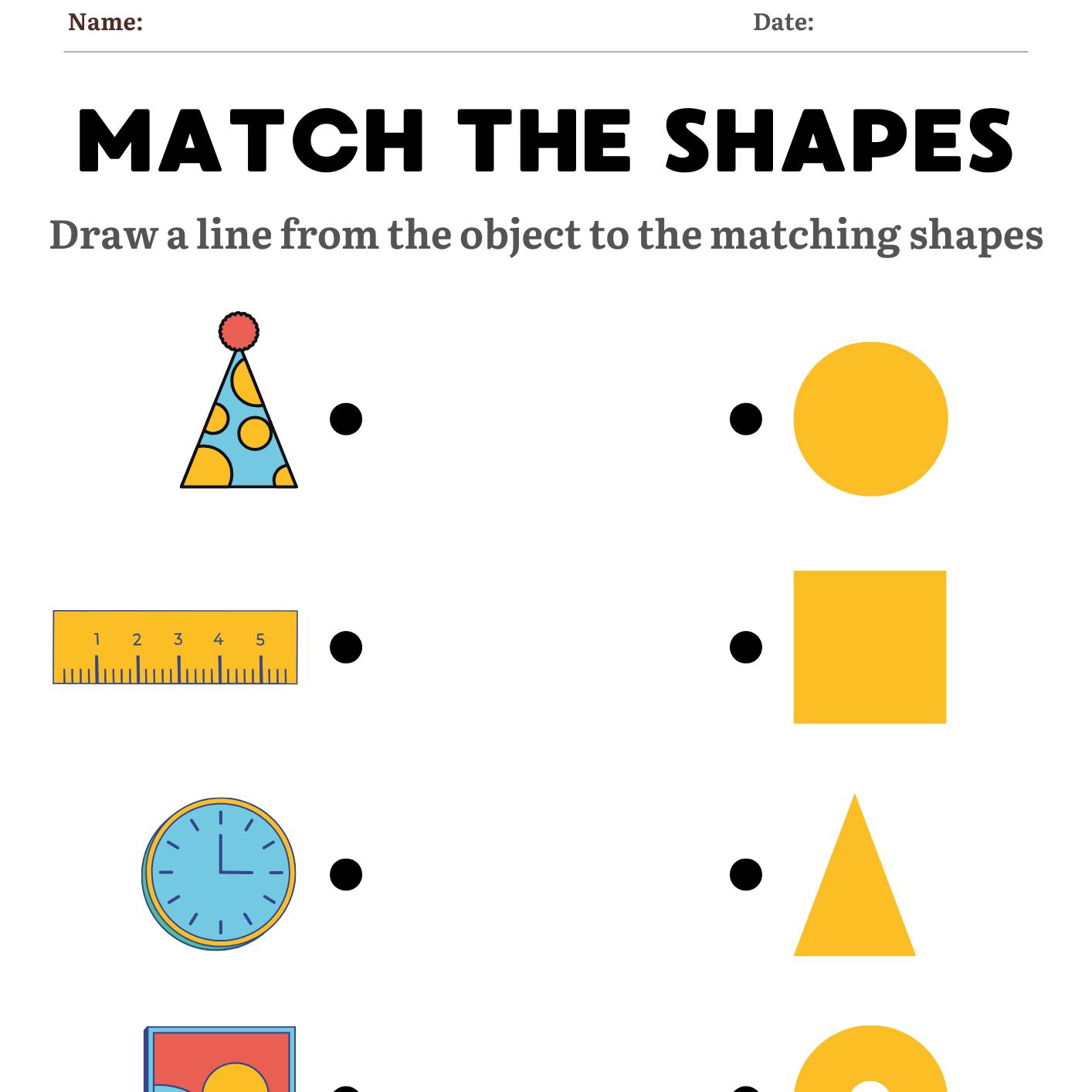 Shape-matching worksheet featuring everyday objects and shapes.