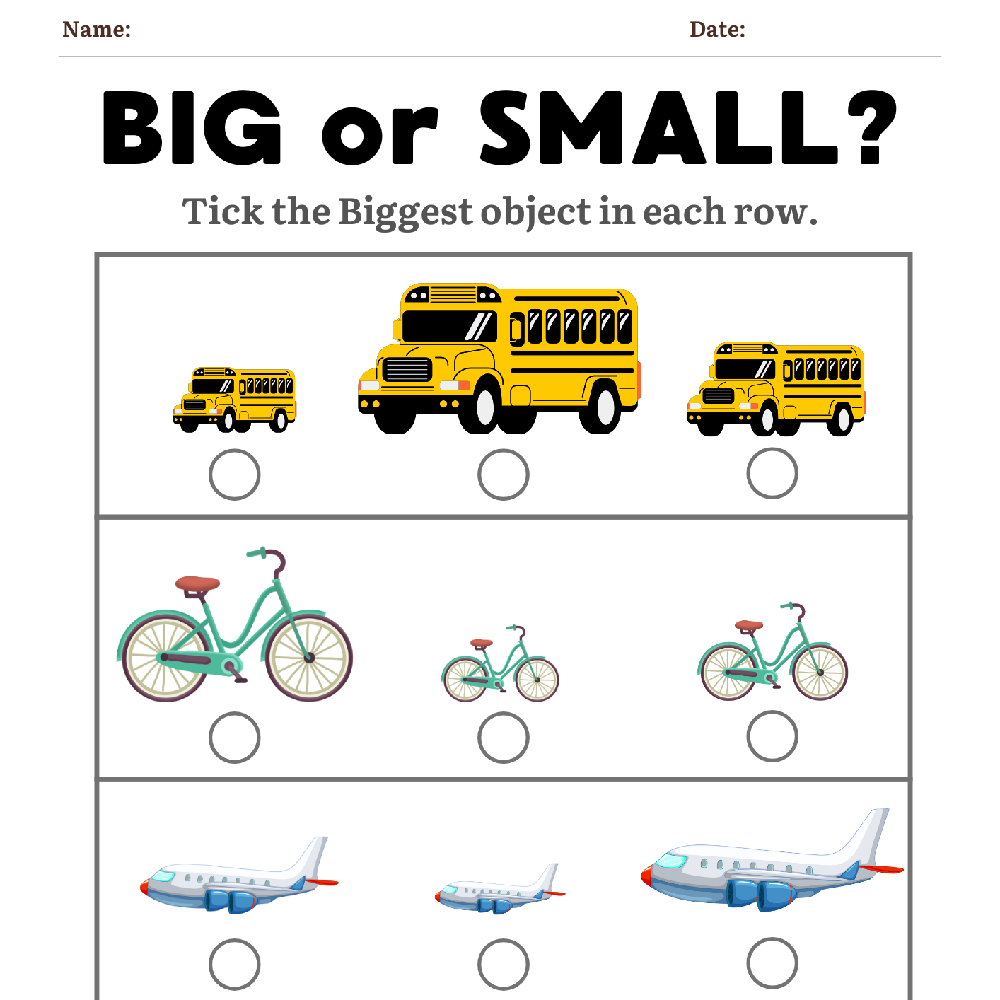 Vehicle-themed sorting worksheet with big and small objects to categorize.
