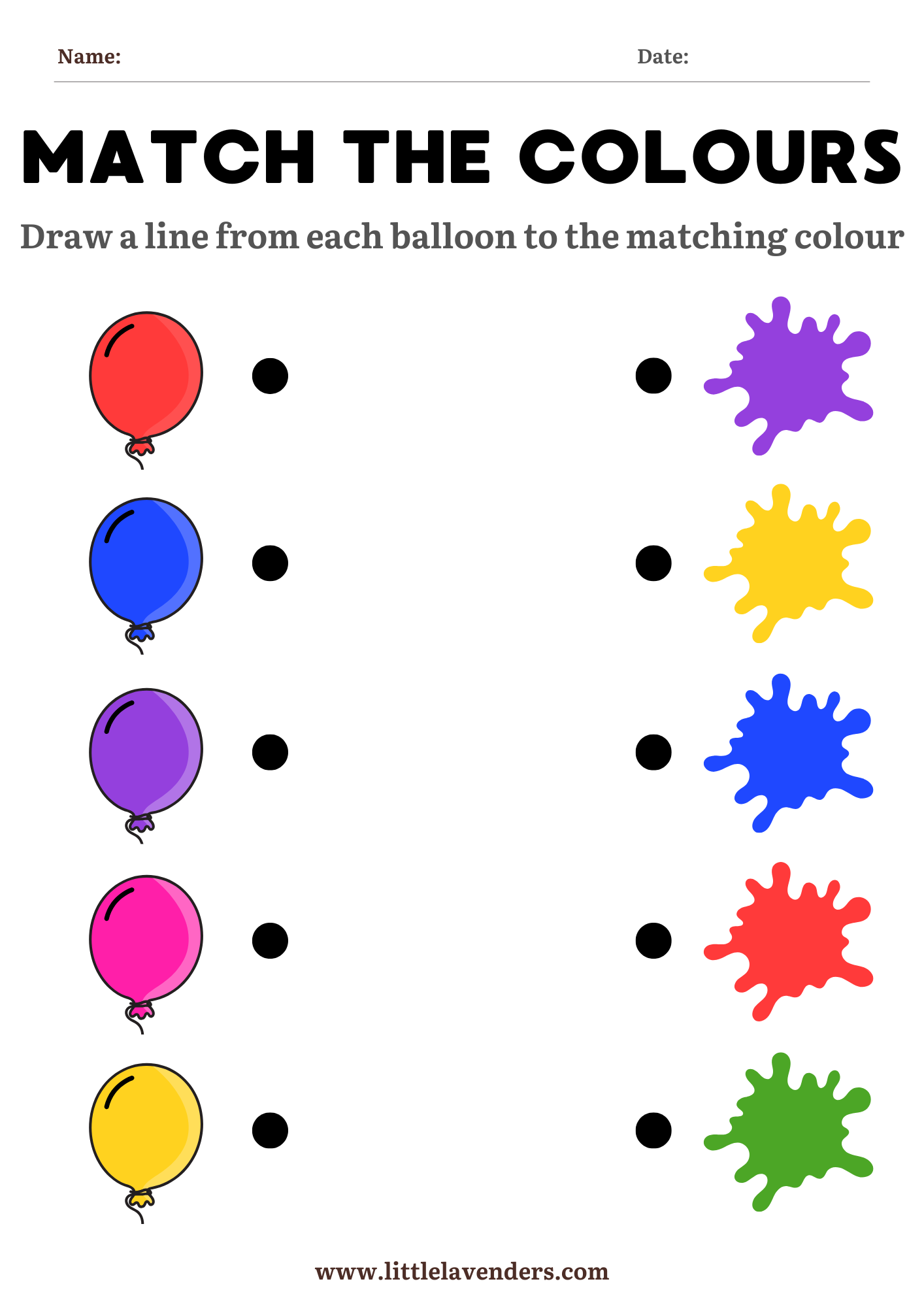 Matching Colours Worksheet with Balloons and Paint Splashes for Toddlers