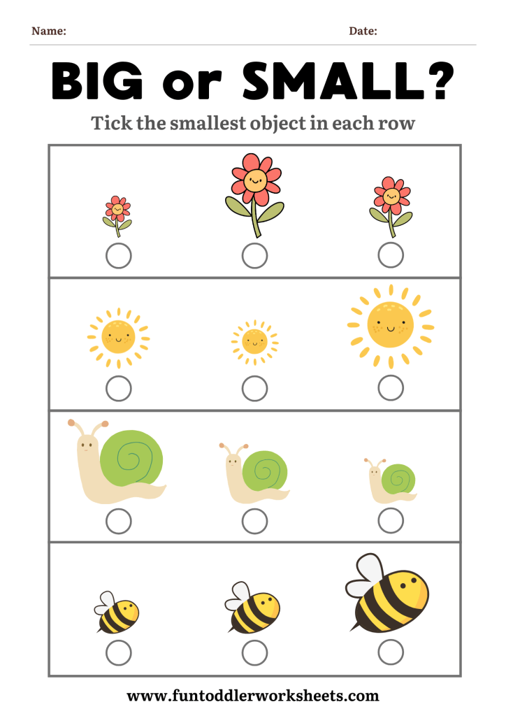big vs small sorting worksheet for toddlers with garden objects
