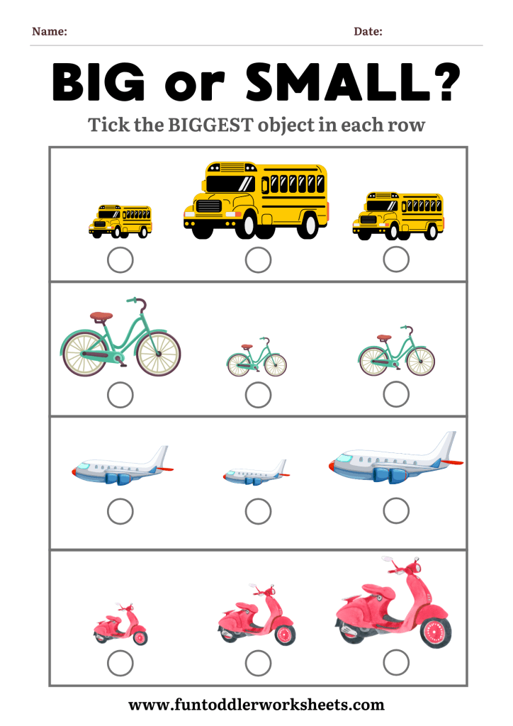 Big vs small sorting worksheet for toddlers with vehicles