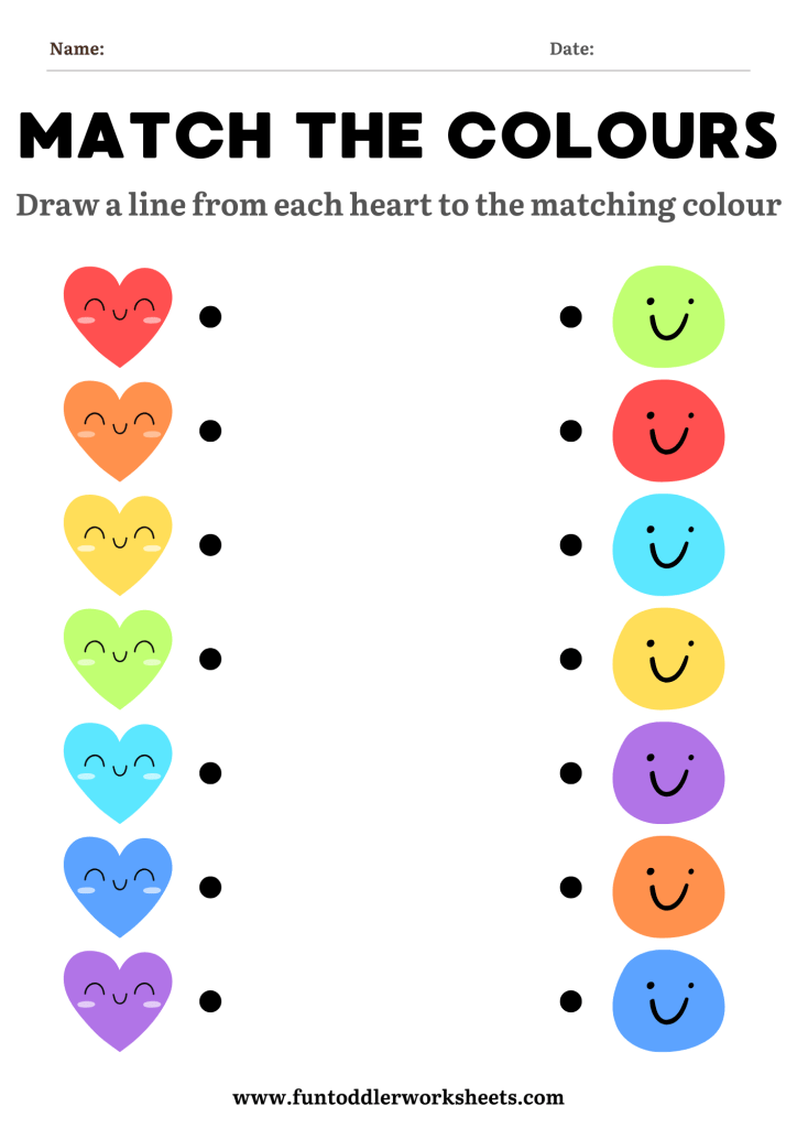 colour matching worksheet for toddlers with colourful hearts