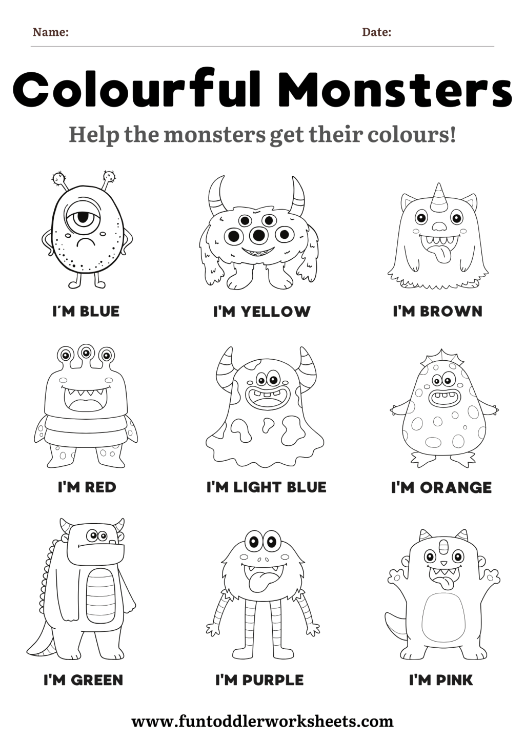 Colour Recognition Worksheet for Toddlers – Monsters Free&nbsp;PDF