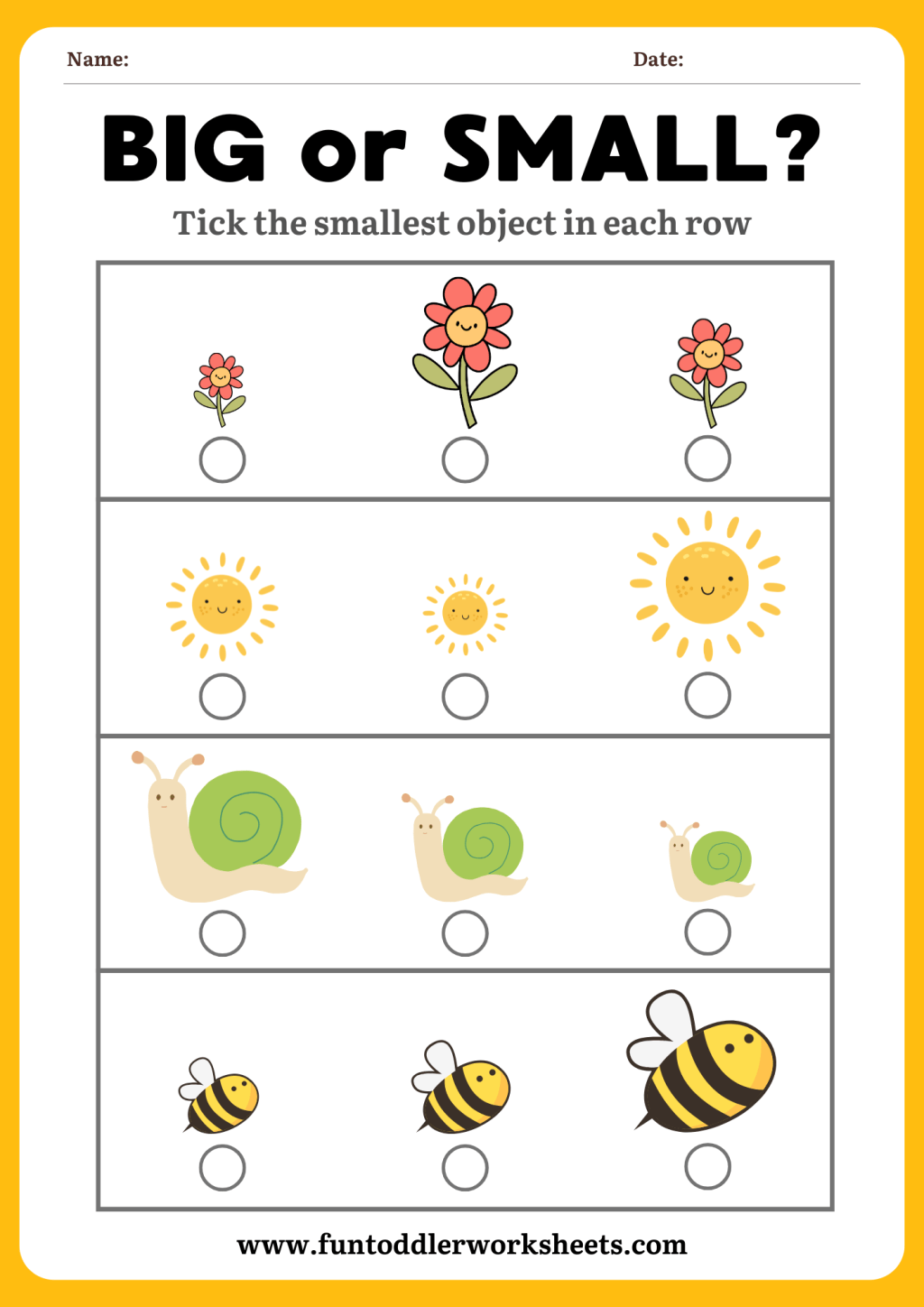 big vs small sorting worksheet for toddlers with garden objects