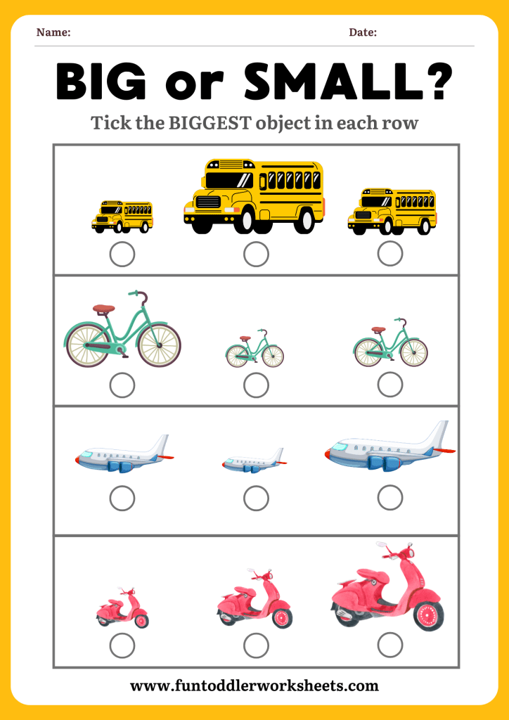 Big vs small sorting worksheet for toddlers with vehicles