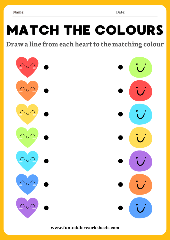 colour matching worksheet for toddlers with colourful hearts