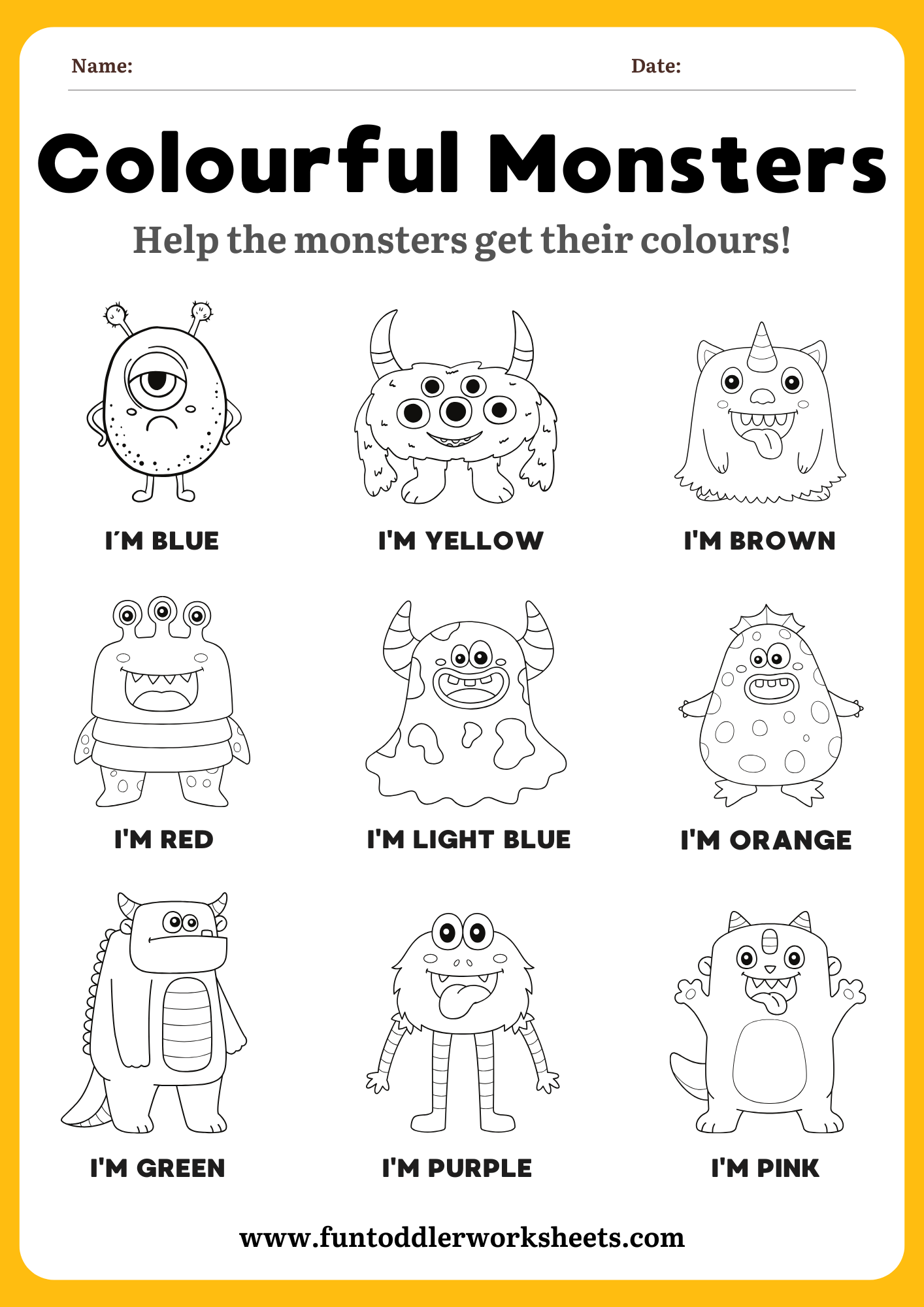 Colour Recognition Worksheet for Toddlers – Monsters Free&nbsp;PDF