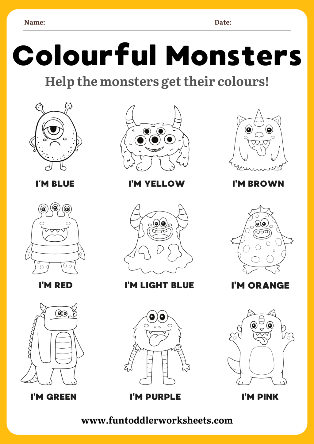 colour recognition colouring worksheet for toddlers with cute monsters