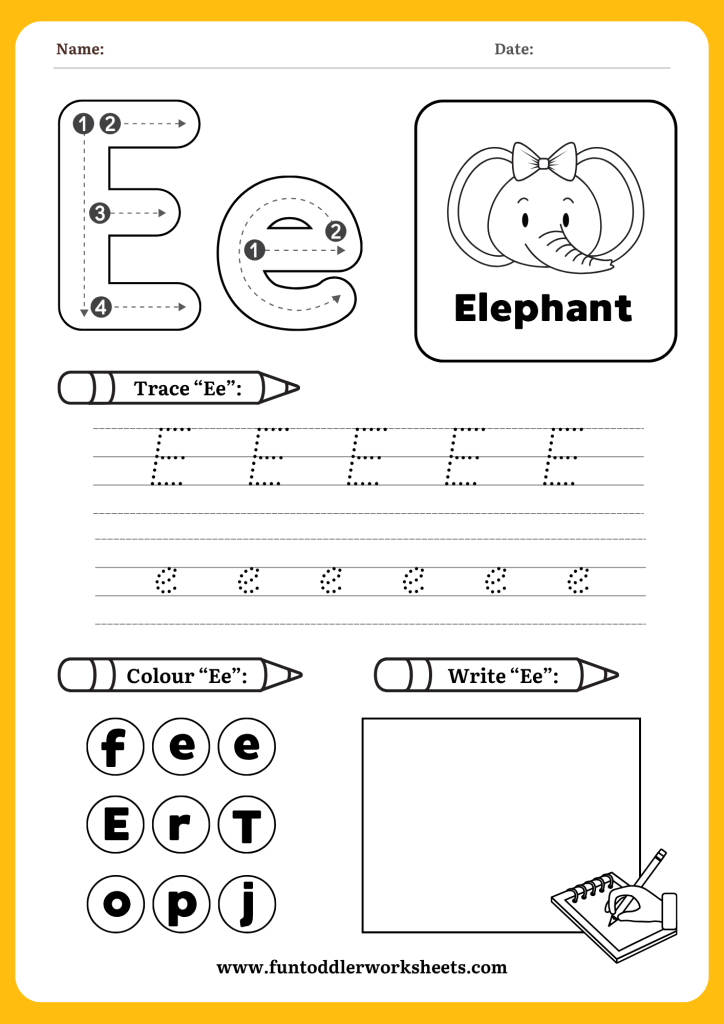 Alphabet tracing worksheet with Letter E theme for children practising pencil control skills.