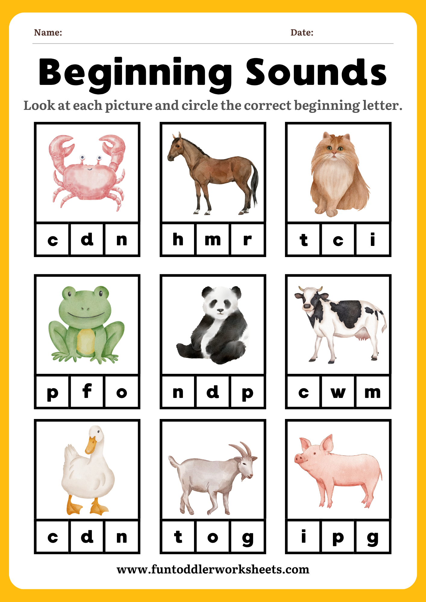 Beginning Sounds Worksheet for Toddlers – Animals Free PDF