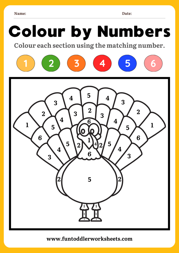 Colour-by-number worksheet with a turkey picture and colour codes for children practising fine motor skills.