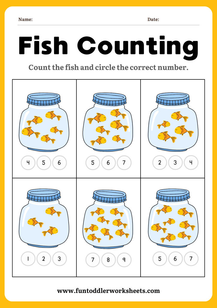 Counting worksheet with fish in jars and number choices for children practising early maths skills.