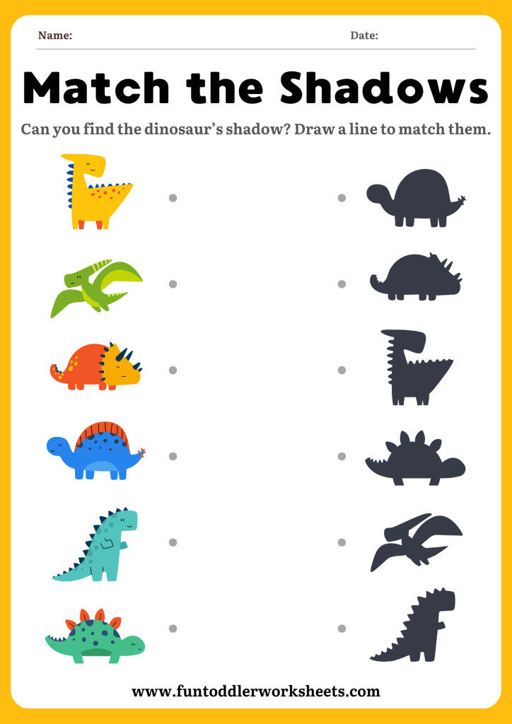 Shadow matching worksheet with dinosaurs for children practising logical thinking skills.