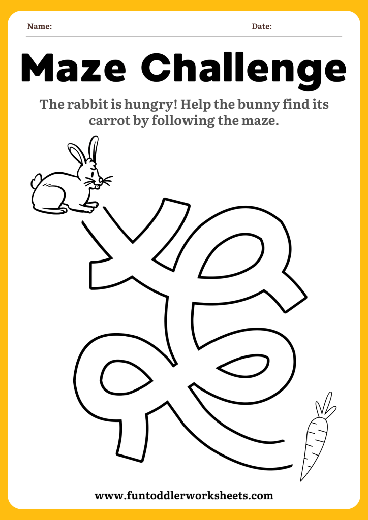Maze worksheet with a bunny and carrot for children practising logical thinking skills.