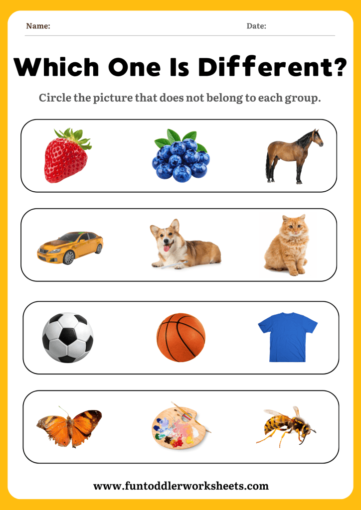 Odd one out worksheet with groups of everyday objects for children practising logical thinking skills.