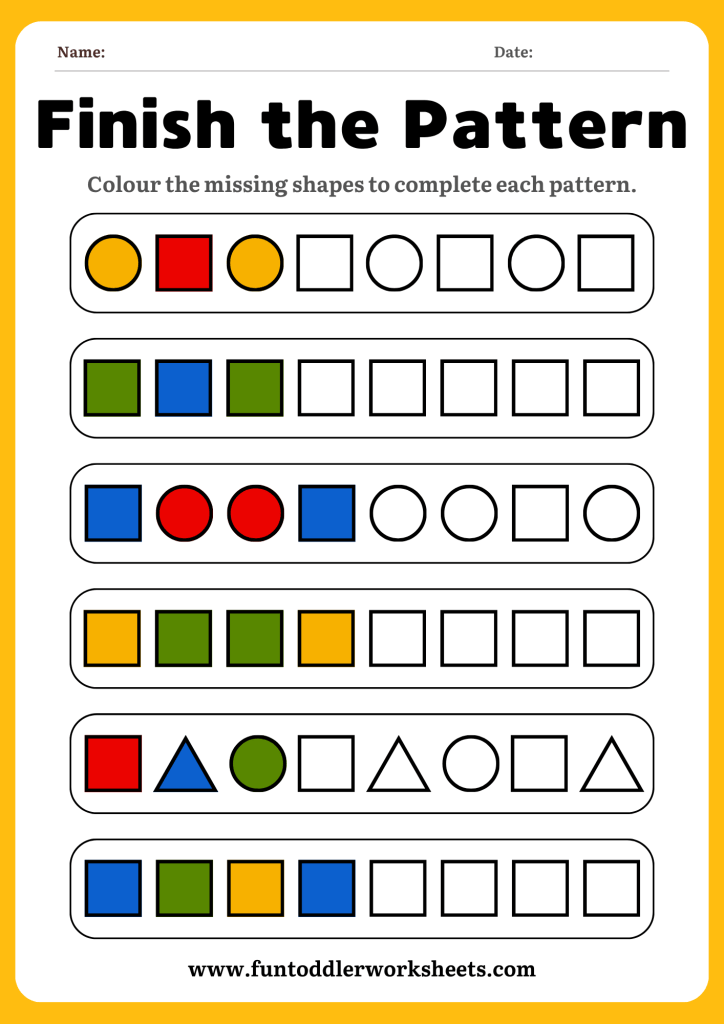 Pattern recognition worksheet with shapes for children practising logical thinking skills.