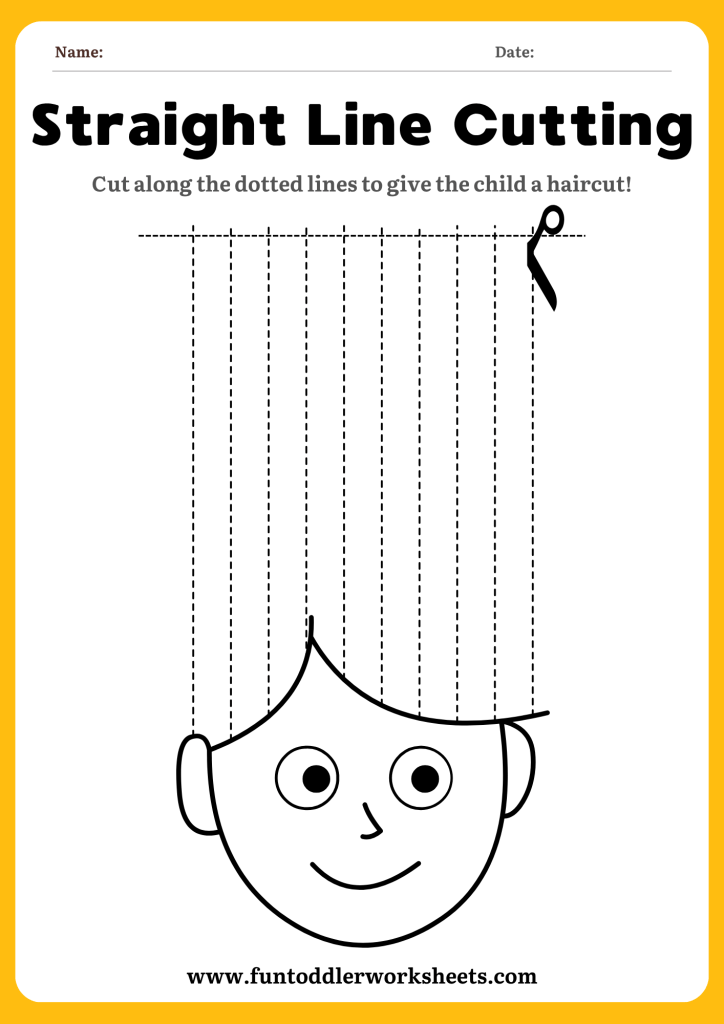 Straight-line cutting worksheet with dotted haircut lines for children practising scissor skills.