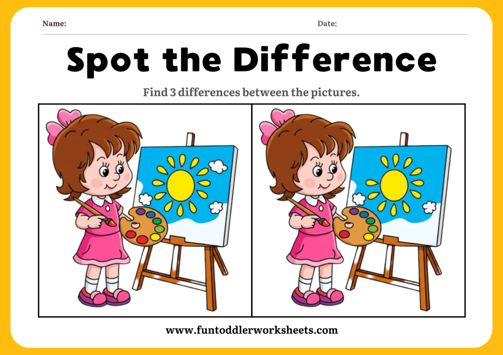 Spot the difference worksheet with two pictures of a young artist painting for children practising observation skills.