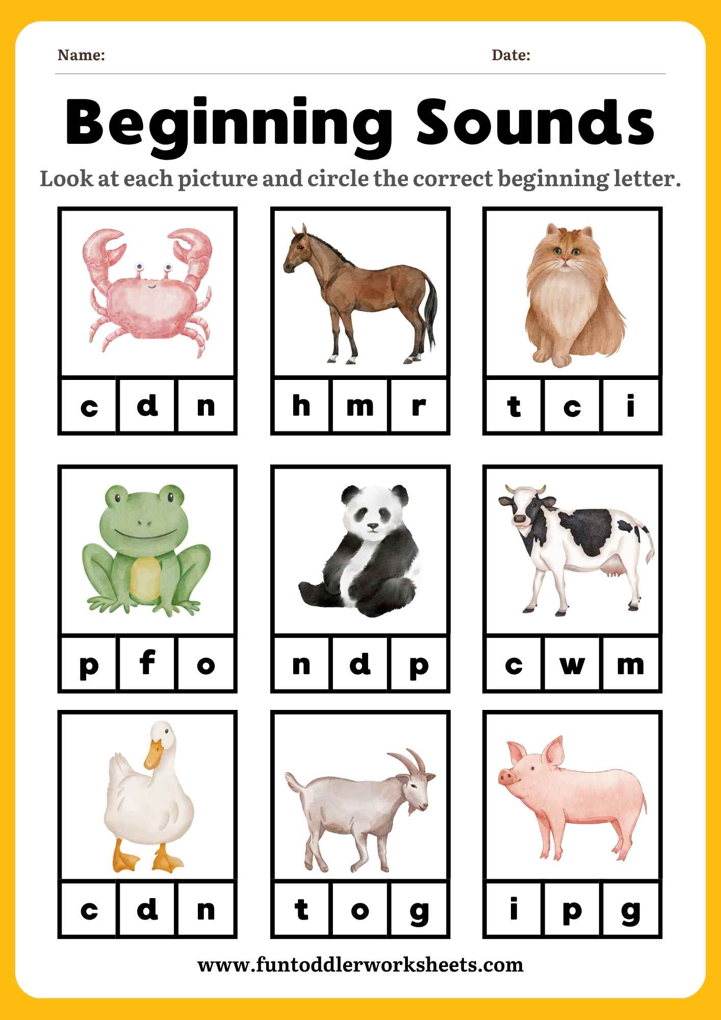 Beginning Sounds Worksheet for Toddlers – Animals Free&nbsp;PDF