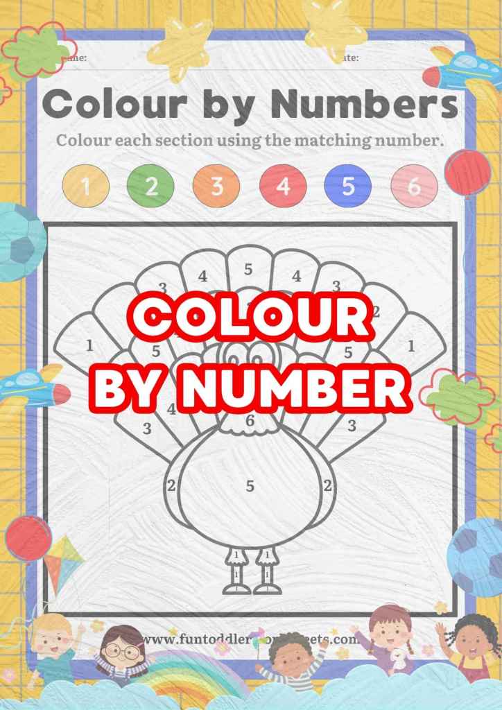 Printable colour by number worksheets for toddlers and preschoolers practising number recognition, colour matching and fine motor skills.