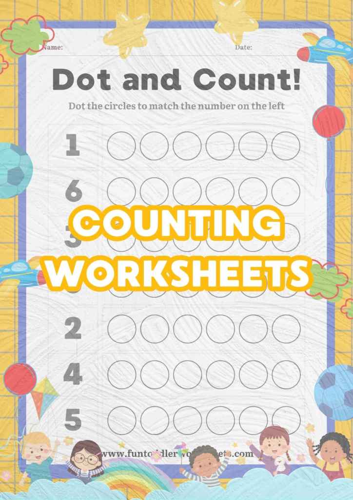 Printable counting worksheets for toddlers and preschoolers practising counting, number recognition and early maths skills.