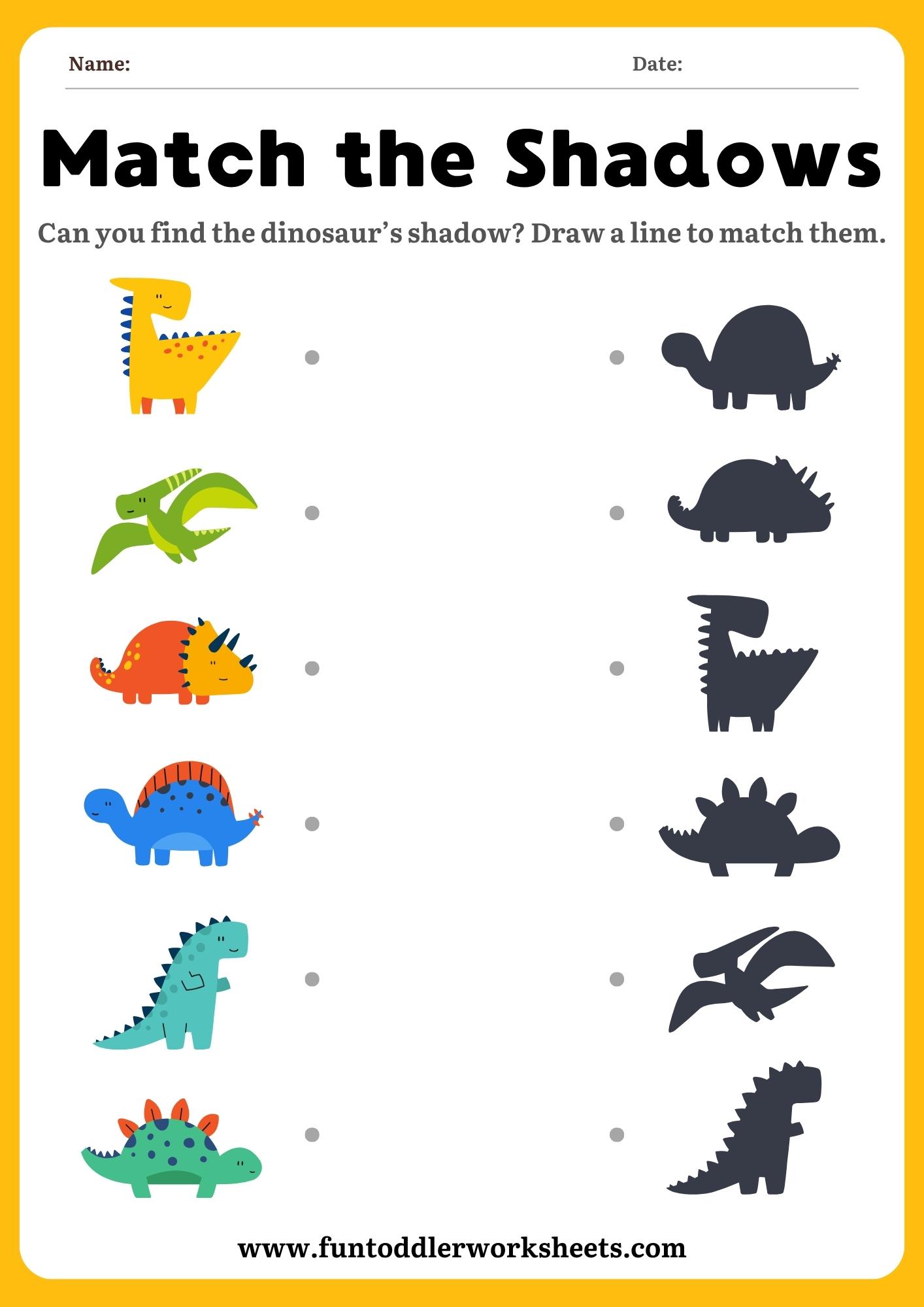 Dinosaur Matching Worksheet for Toddlers – Shadow Matching Free&nbsp;PDF