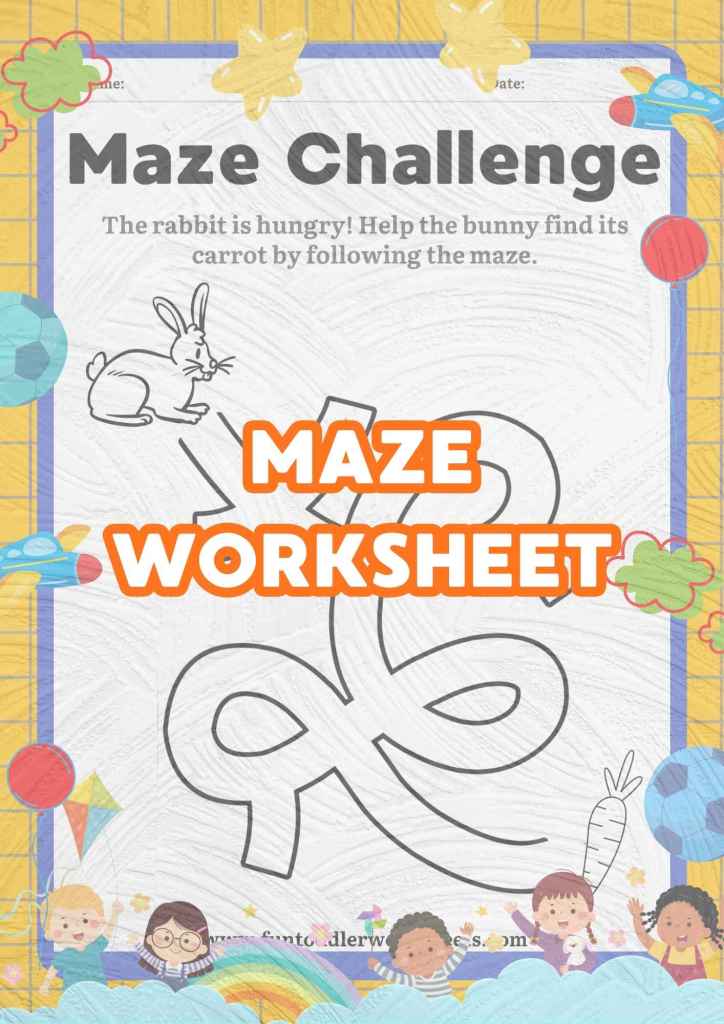 Printable maze worksheets for toddlers and preschoolers practising problem-solving, visual tracking and pencil control.
