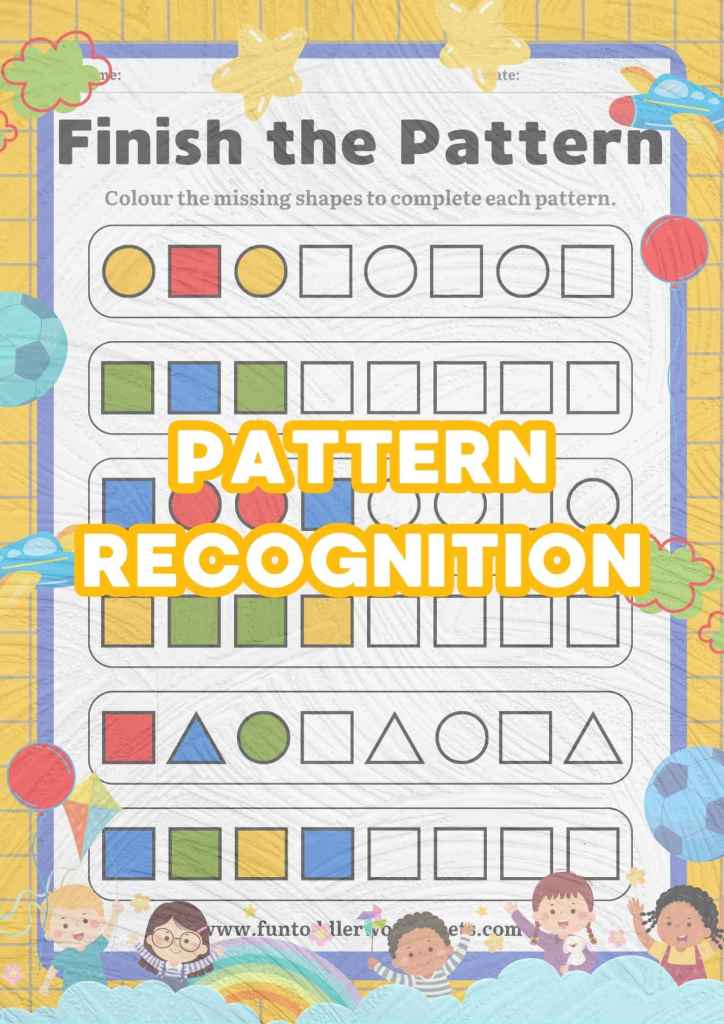 Printable pattern recognition worksheets for toddlers and preschoolers practising patterns, sequencing and logical thinking skills