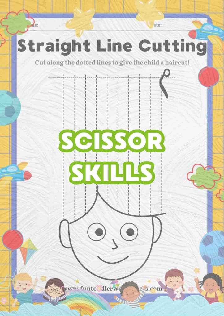 Printable scissor skills worksheets for toddlers and preschoolers practising cutting, hand-eye coordination and fine motor control.